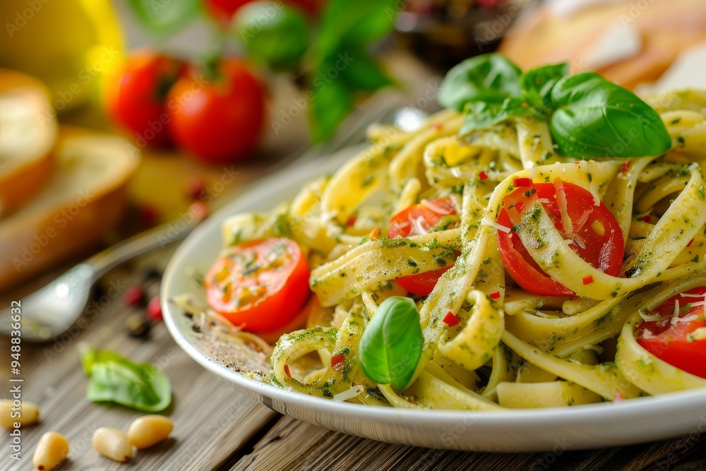 Delicious italian linguine pasta tossed in fresh pesto, topped with cherry tomatoes and pine nuts Delicious italian linguine pasta tossed in fresh pesto, topped with cherry tomatoes and pine nuts