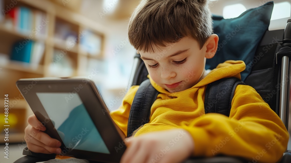 Tech accessibility. A young boy in a yellow hoodie sits comfortably in a wheelchair, focused on a tablet screen in a warm, inviting environment. Tech accessibility. A young boy in a yellow hoodie sits comfortably in a wheelchair, focused on a tablet screen in a warm, inviting environment.