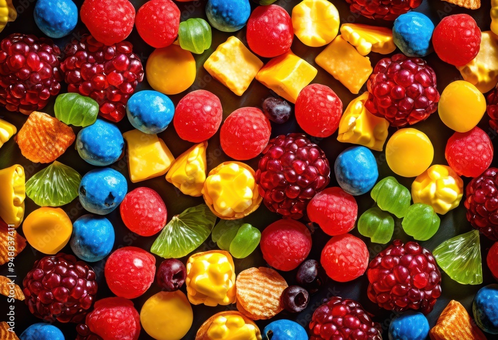 Fototapeta premium vibrant display colorful snack foods featuring various shapes fun enjoyable treat experience, options, flavors, textures, treats, candies, chips, sweets