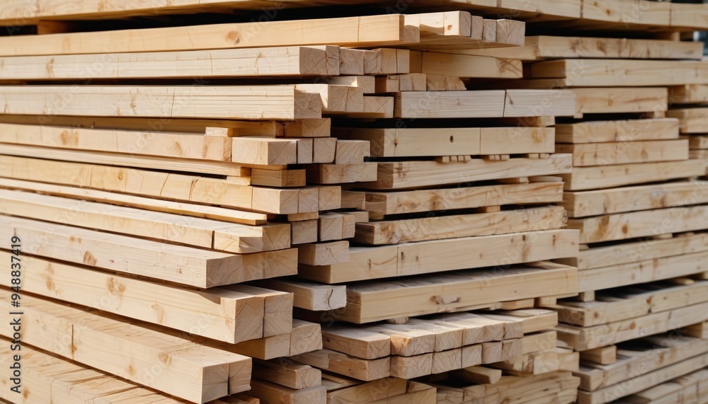 A variety of lumber pieces stacked neatly in a lumberyard, highlighting different sizes and types for various construction projects, Generative AI A variety of lumber pieces stacked neatly in a lumberyard, highlighting different sizes and types for various construction projects, Generative AI