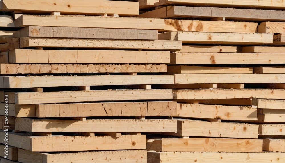 A variety of lumber pieces stacked neatly in a lumberyard, highlighting different sizes and types for various construction projects, Generative AI A variety of lumber pieces stacked neatly in a lumberyard, highlighting different sizes and types for various construction projects, Generative AI