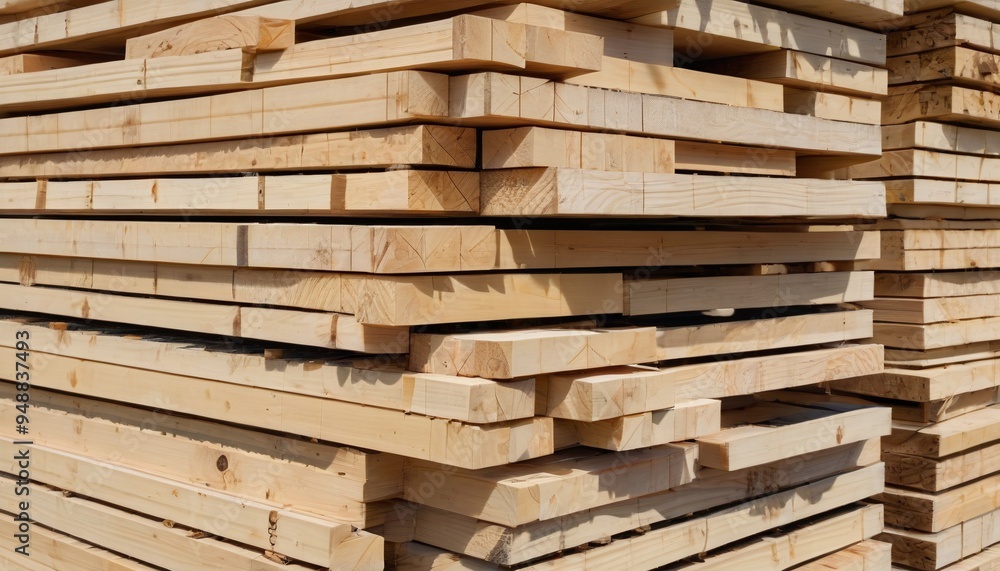 A variety of lumber pieces stacked neatly in a lumberyard, highlighting different sizes and types for various construction projects, Generative AI A variety of lumber pieces stacked neatly in a lumberyard, highlighting different sizes and types for various construction projects, Generative AI