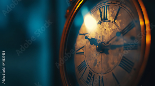 Closeup of a clock showing a late hour, with the background blurred to focus on the passage of time and the unexpected nature of the event, time of death, sudden loss in sleep photo