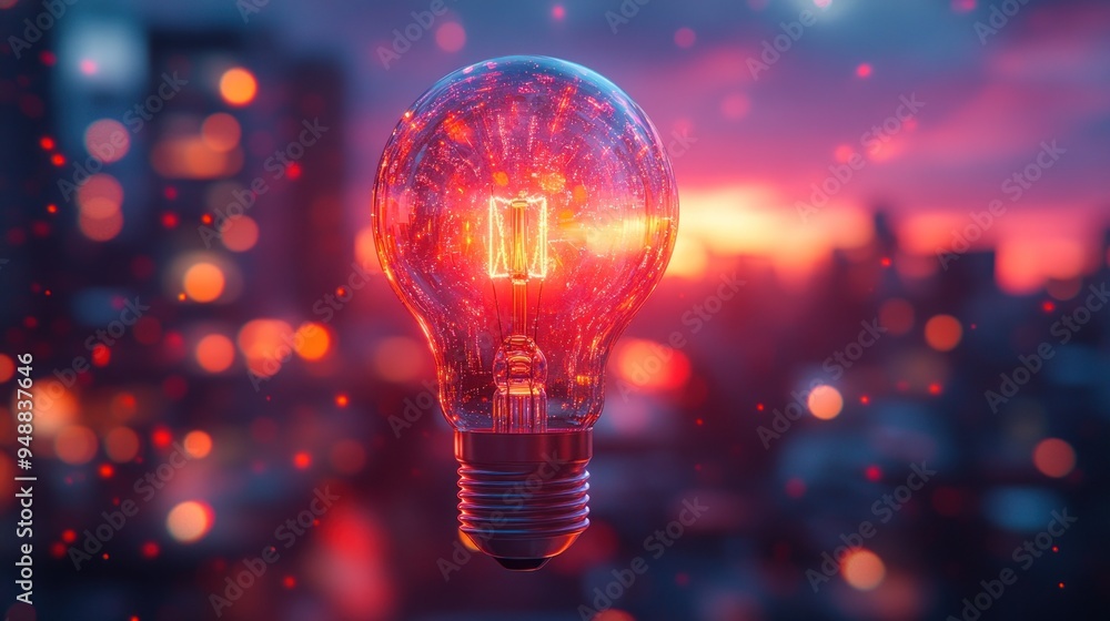 Glowing Lightbulb with Cityscape in the Background Glowing Lightbulb with Cityscape in the Background