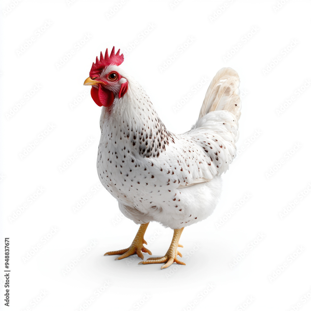 Fototapeta premium A speckled white hen standing on a plain white background, showing off its distinct plumage and calm demeanor.
