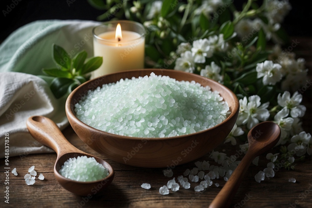 Bowl of Sea Salt with a Wooden Spoon Next to Green Aromatic Candles Bowl of Sea Salt with a Wooden Spoon Next to Green Aromatic Candles