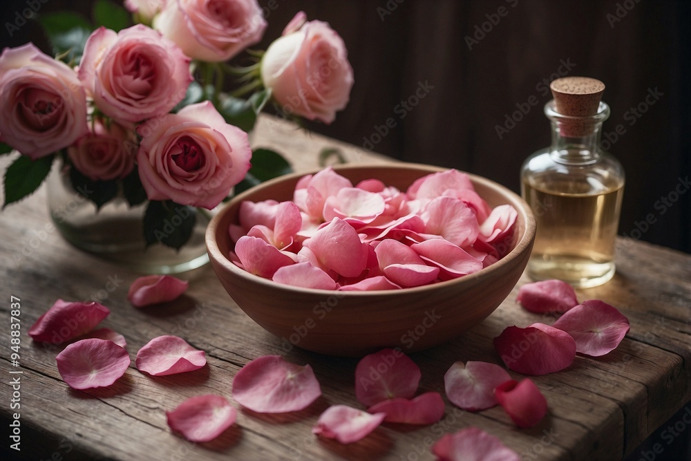 Vase with Delicate Rose Petals on a Wooden Table Next to Soap, Aromatic Candles Vase with Delicate Rose Petals on a Wooden Table Next to Soap, Aromatic Candles