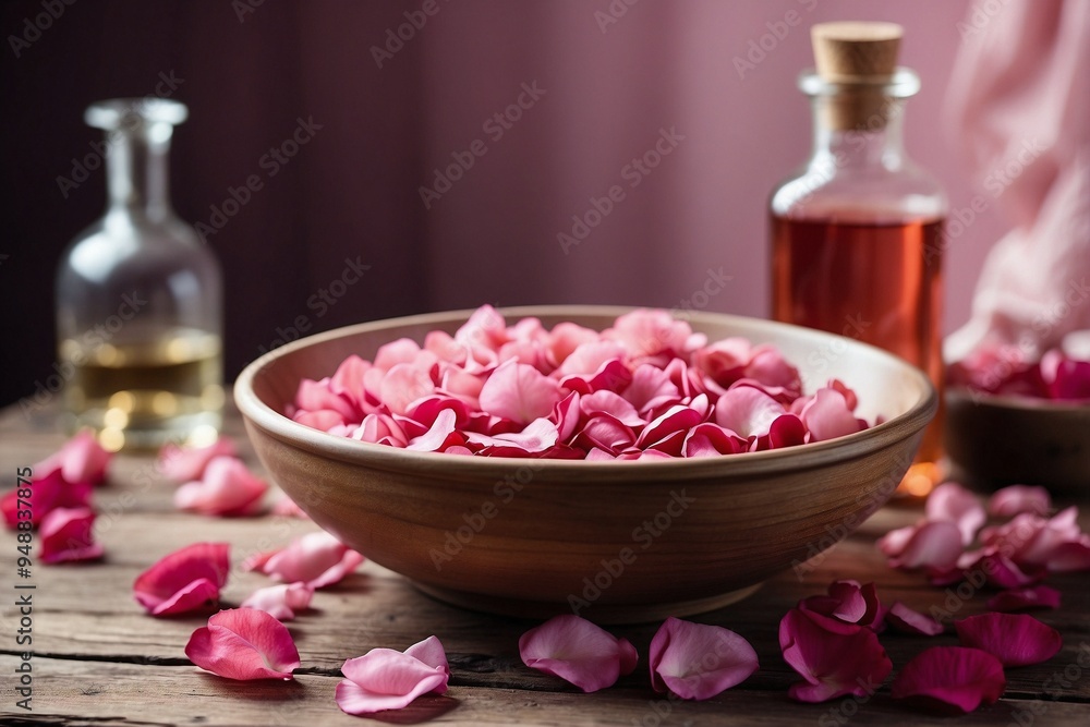 Vase with Delicate Rose Petals on a Wooden Table Next to Soap, Aromatic Candles Vase with Delicate Rose Petals on a Wooden Table Next to Soap, Aromatic Candles