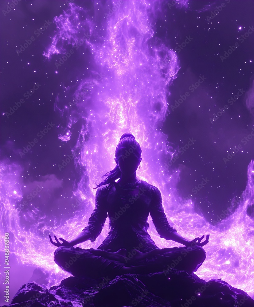 Serene silhouette of a woman meditating against a vivid cosmic background, capturing calmness, tranquility, and inner peace, new beautiful stock image illustration AI Serene silhouette of a woman meditating against a vivid cosmic background, capturing calmness, tranquility, and inner peace, new beautiful stock image illustration AI