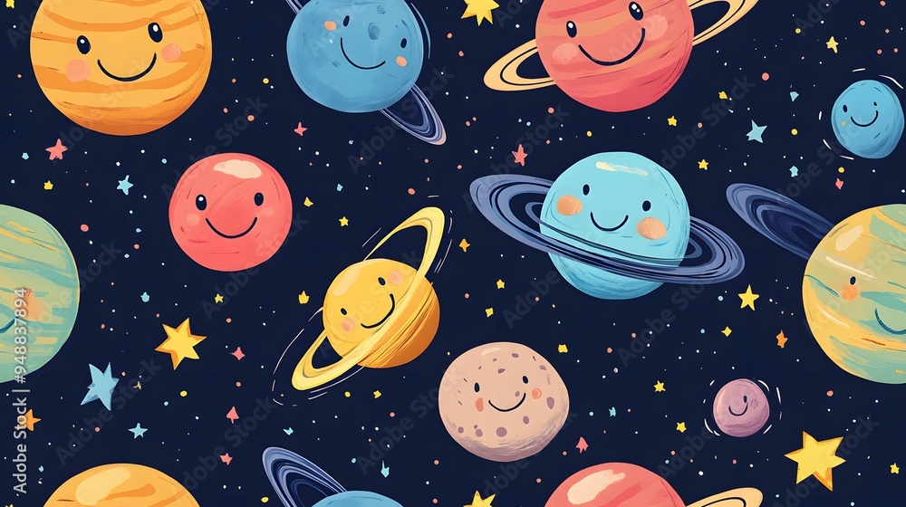 Naklejka premium Planets seamless tiling wallpaper in a fun, kid-friendly style.