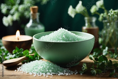 Bowl of Sea Salt with a Wooden Spoon Next to Green Aromatic Candles