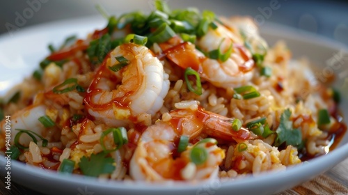 Sriracha shrimp fried rice dish with garnish dots of siracha sauce.  photo