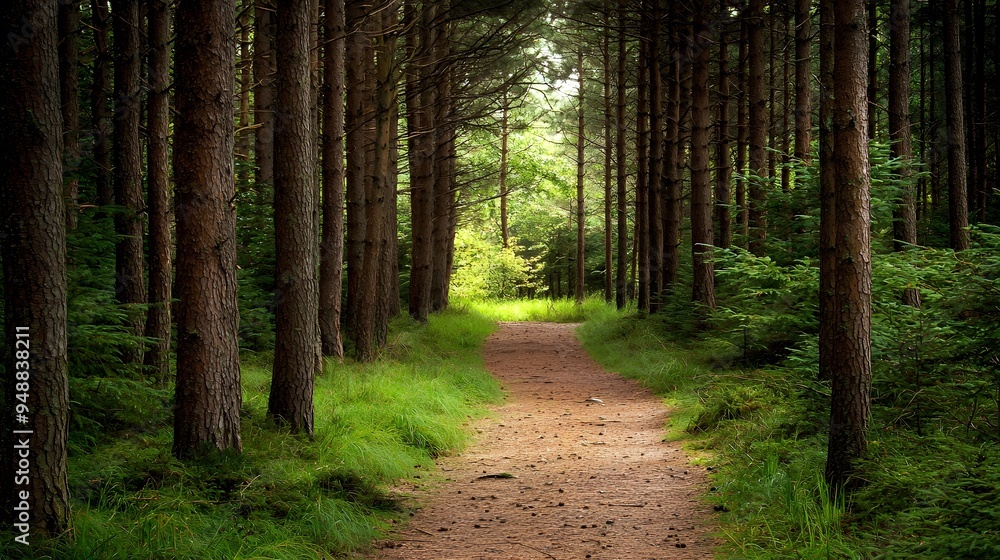 Obraz premium Serene Path Through a Lush Pine Forest