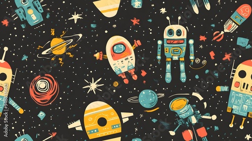 Space robots seamless tiling wallpaper in a fun, kid-friendly style.