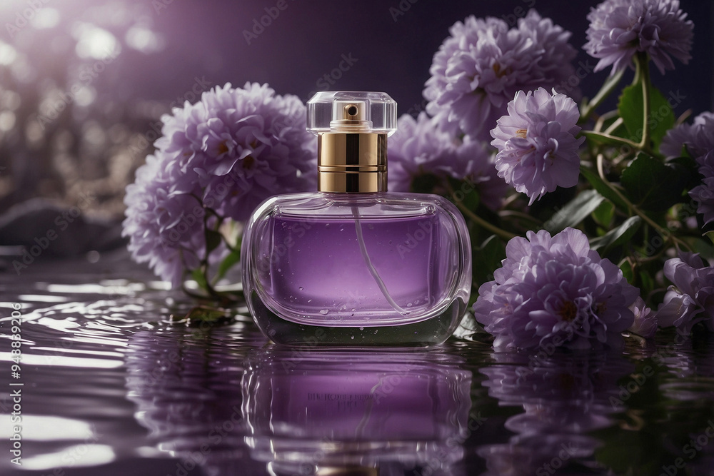 Perfume on the background of Bathtub with Bright Purple Flowers Perfume on the background of Bathtub with Bright Purple Flowers