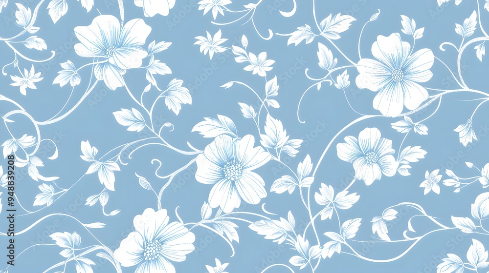 Obraz premium white floral pattern on sky blue background. A delicate floral pattern featuring light blue and white blossoms against a soft blue background, perfect