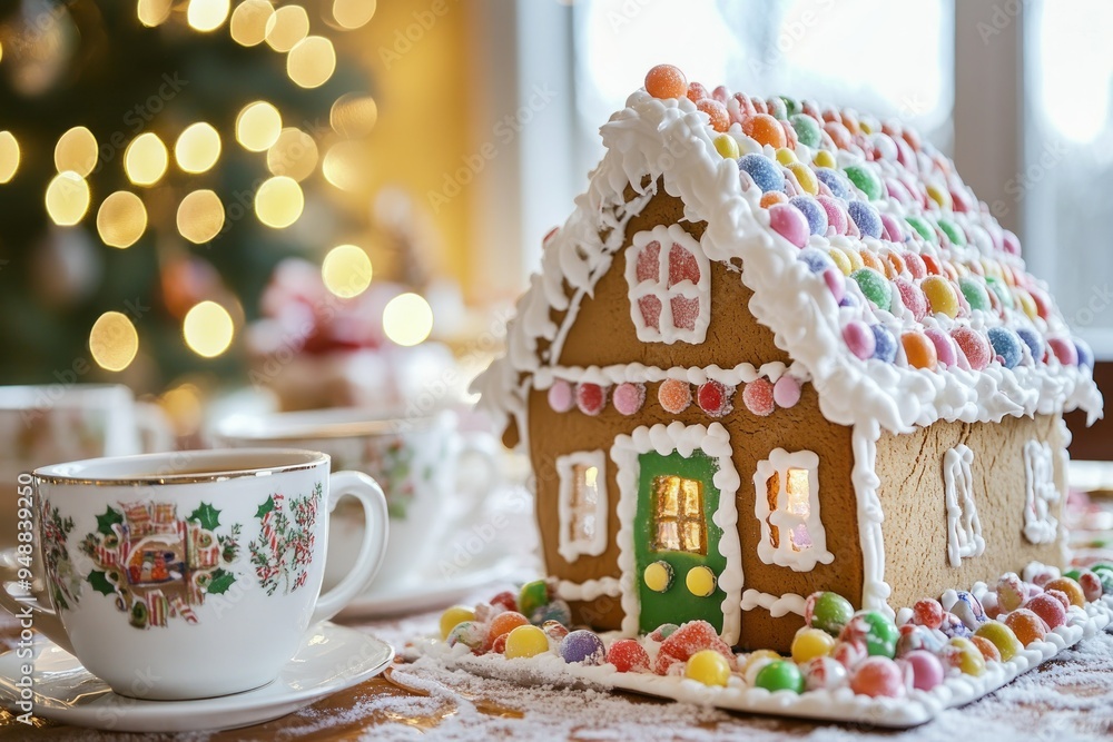 Gingerbread House with Candy and Tea on a Snowy Tabletop Gingerbread House with Candy and Tea on a Snowy Tabletop