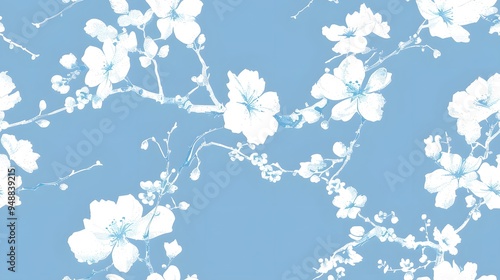 white floral pattern on sky blue background. A beautiful floral pattern featuring delicate white flowers against a soft blue background, perfect for v