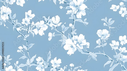 white floral pattern on sky blue background. A delicate floral pattern featuring soft blue and white blooms on a serene backdrop. 