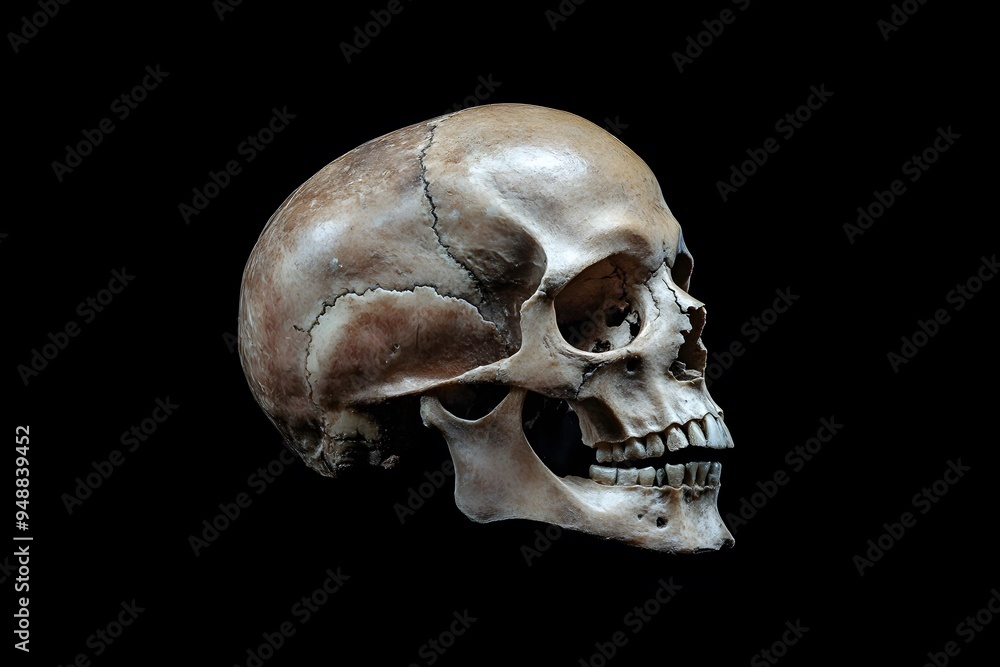 Obraz premium Side View of Human Skull on Isolated Black Background 