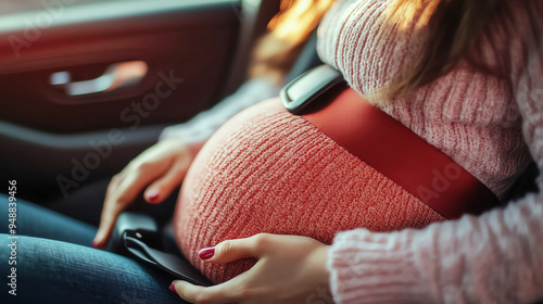 A closeup of a pregnant woman s hands gently adjusting the lap belt to sit low on her hips while in the passenger seat, handson seat belt adjustment, pregnancy and travel safety photo