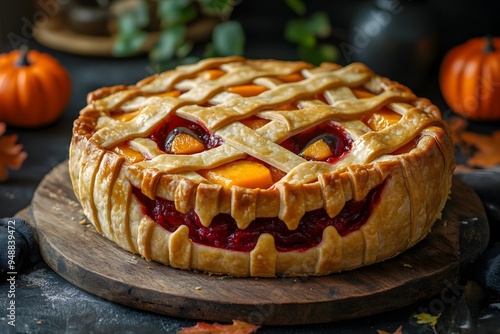 Halloween Monster Face Pie with Berry and Peach Filling 