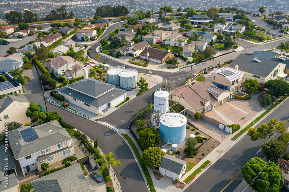 a neighborhood with visible hydrogen storage tanks and distribution centers, demonstrating the community-level infrastructure required for widespread hydrogen adoption a neighborhood with visible hydrogen storage tanks and distribution centers, demonstrating the community-level infrastructure required for widespread hydrogen adoption