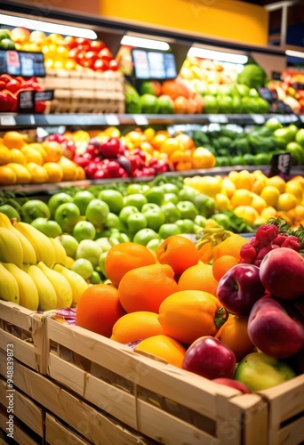 vibrant food donation display illuminated bright lights featuring colorful fresh produce eye catching packaging dynamic setting, abundance, appeal