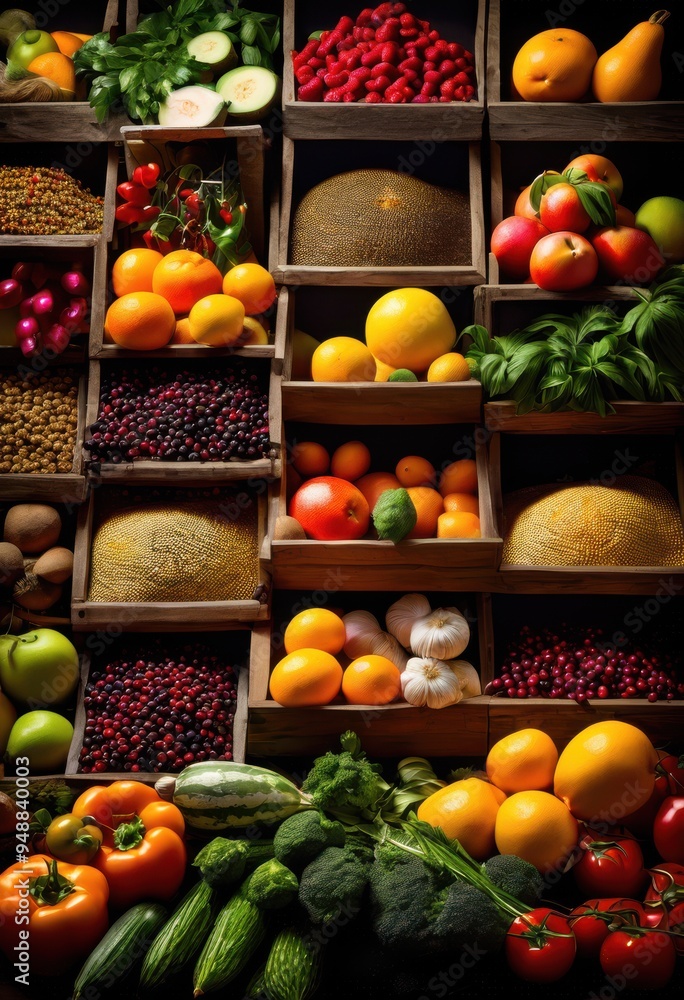 Fototapeta premium vibrant food displays featuring diverse culinary ingredients various arrangements highlighting gastronomic creativity, appetizer, aroma, banquet, beauty