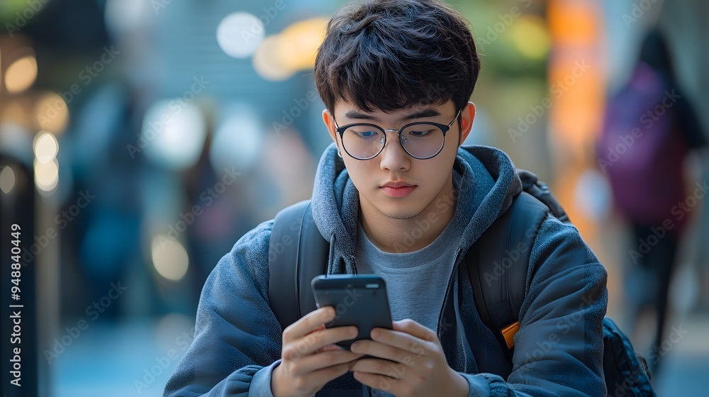 Fototapeta premium Young man with glasses, sitting on a bench in a tech hub area of Silicon Valley, looking intently at h