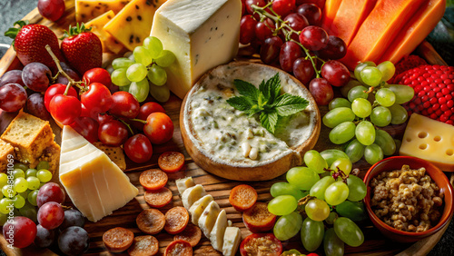 A sharp photo of a gourmet cheese platter with various types of cheeses and grapes photo