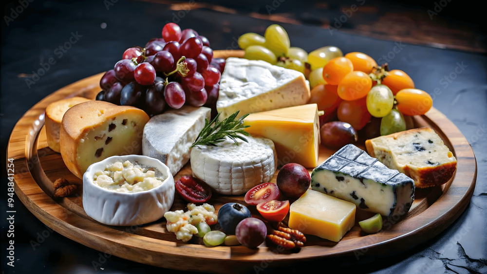 A sharp photo of a gourmet cheese platter with various types of cheeses and grapes A sharp photo of a gourmet cheese platter with various types of cheeses and grapes