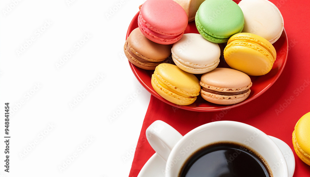 Obraz premium Colorful macaroons and cup of coffee 