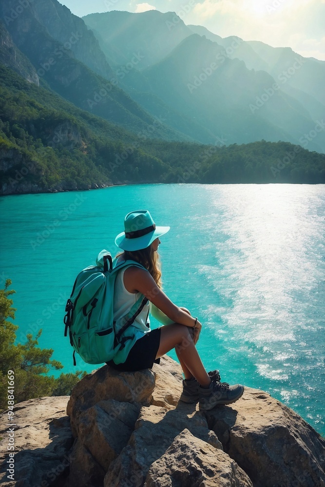 Silhouette of a Woman Explorer in a Turquoise Beanie Sitting on a Rock with a Backpack Silhouette of a Woman Explorer in a Turquoise Beanie Sitting on a Rock with a Backpack