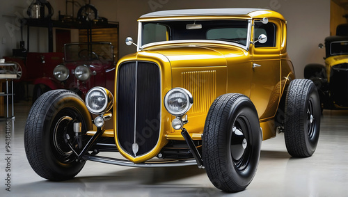 Obraz na płótnie Beautiful unique golden yellow vintage hot rod car, automotive background, tuning template, wallpaper, auto transport w salonie