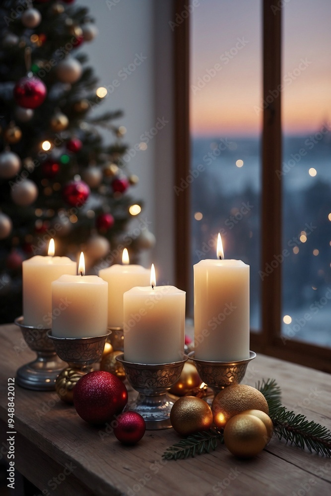 Charming Candles and Christmas Decorations on the Table in Front of a Beautiful Tree Charming Candles and Christmas Decorations on the Table in Front of a Beautiful Tree