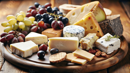 A sharp photo of a gourmet cheese platter with various types of cheeses and grapes photo