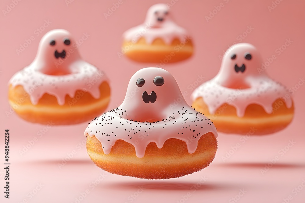Floating Halloween Ghost Donuts with Pink Icing on Pastel Background
Floating Halloween Ghost Donuts with Pink Icing on Pastel Background