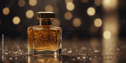 Golden luxury perfume bottle on sparkling background. photo