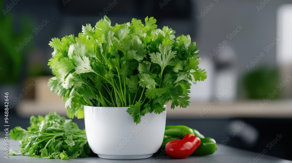 A vibrant bunch of fresh cilantro in a white pot placed on a modern kitchen counter, accompanied by chili peppers. A vibrant bunch of fresh cilantro in a white pot placed on a modern kitchen counter, accompanied by chili peppers.