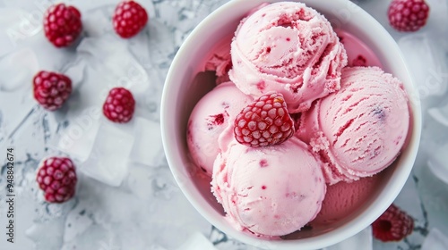 Raspberry ice cream in white bowl overhead shot 