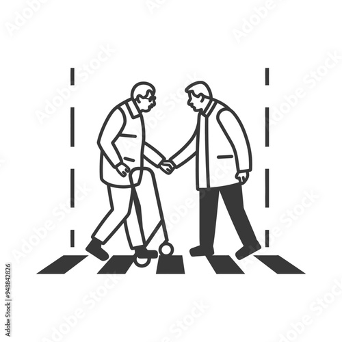 Two Men Crossing a Crosswalk One Using a Walker