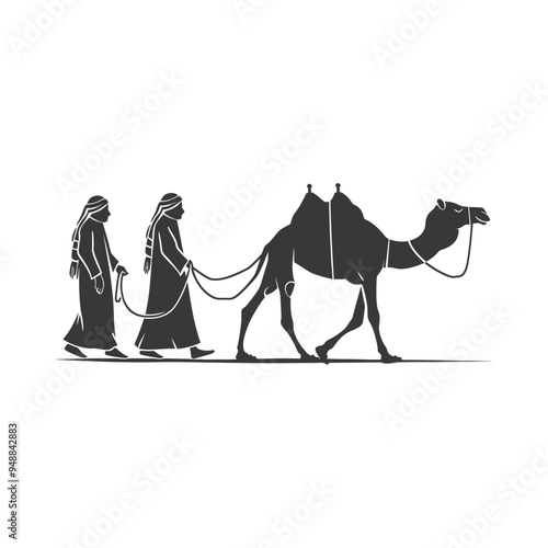 Two Men Leading a Camel in Silhouette