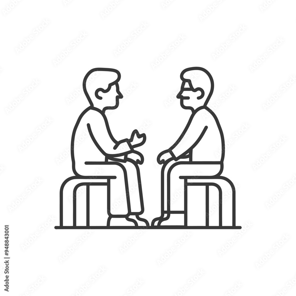 Two Men Sitting Facing Each Other Engaged in Conversation Two Men Sitting Facing Each Other Engaged in Conversation
