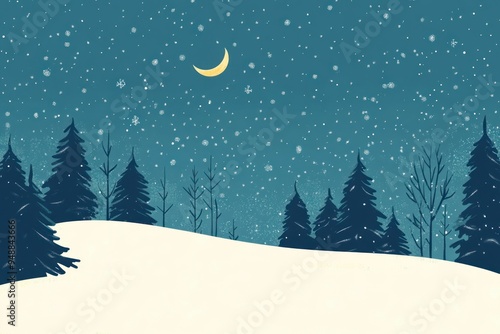 Snowy Forest Night Scene with Crescent Moon photo