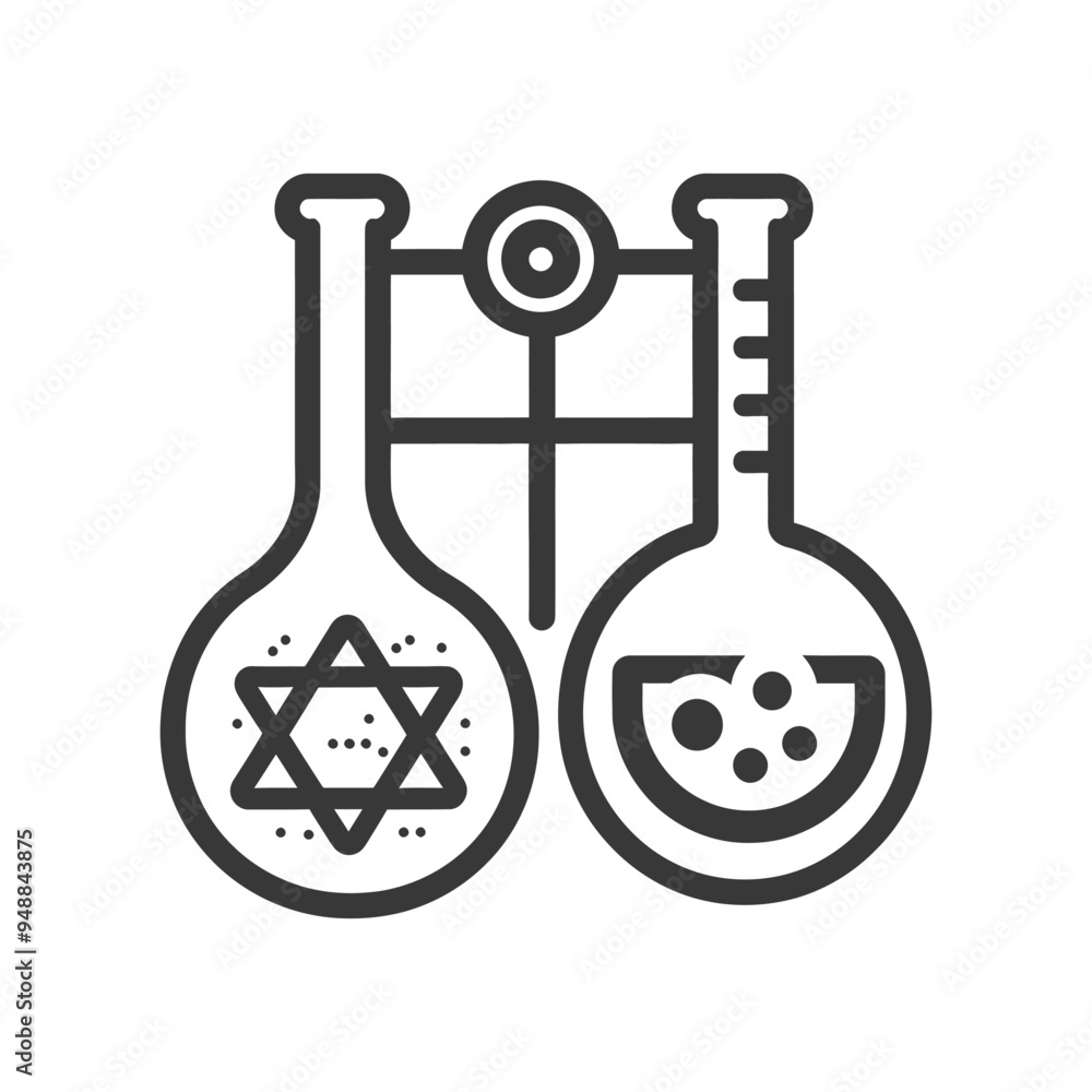 Two beakers with a Star of David and circles inside connected by a stand Two beakers with a Star of David and circles inside connected by a stand