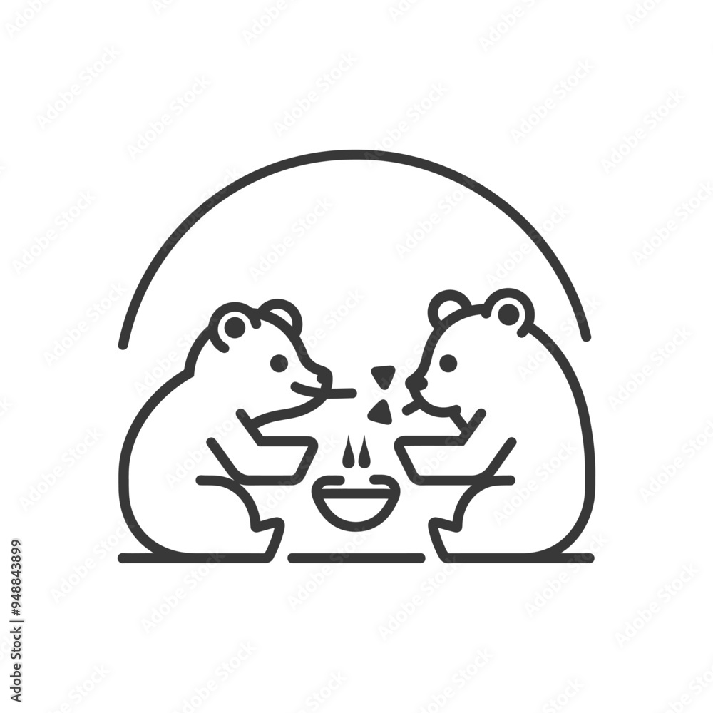 Two bears sharing a bowl of soup under a crescent moon Two bears sharing a bowl of soup under a crescent moon