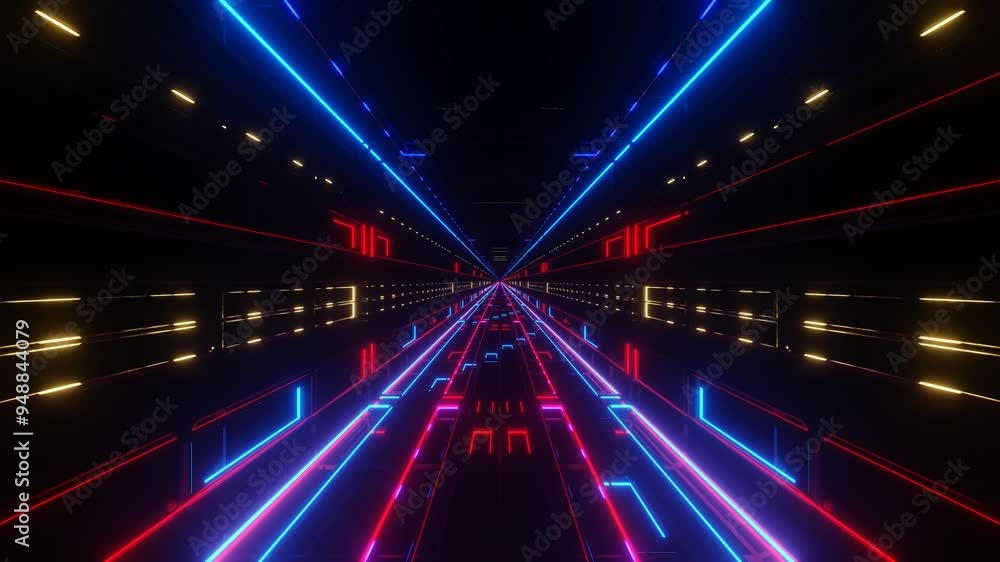 endless forward movement through a dark tunnel with flashing red and blue lights. 3d render looped animation endless forward movement through a dark tunnel with flashing red and blue lights. 3d render looped animation