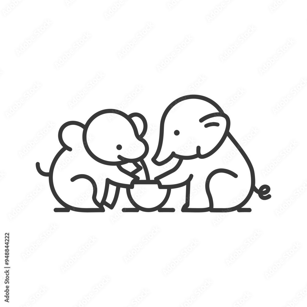 Two Cartoon Elephants Sharing a Bowl Two Cartoon Elephants Sharing a Bowl