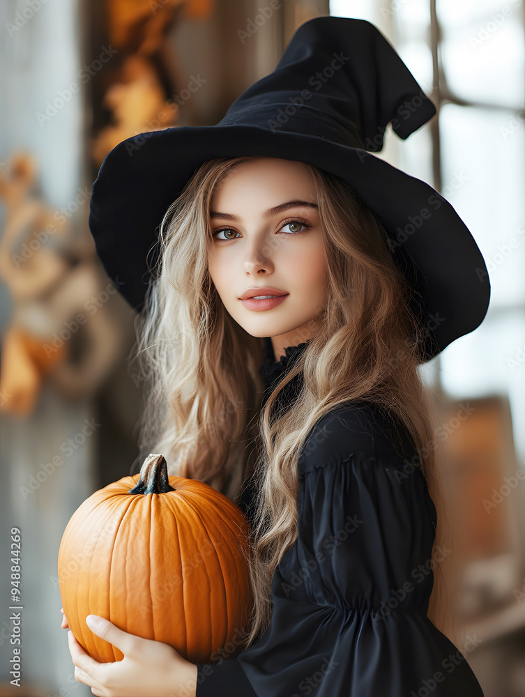 Enchanting Witch Holding a Pumpkin in Autumn Setting
Enchanting Witch Holding a Pumpkin in Autumn Setting